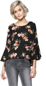 Harpa Casual 3/4th Sleeve Floral Print Women's Black Top