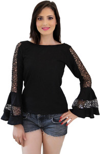 CrazeVilla Party Bell Sleeve Solid, Embellished Women Black Top