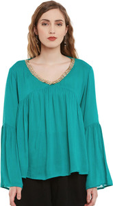 I Know Casual Full Sleeve Embellished Women's Green Top