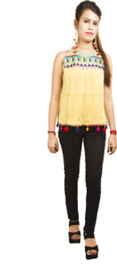 Mitra Creations Casual Sleeveless Embroidered Women's Yellow Top