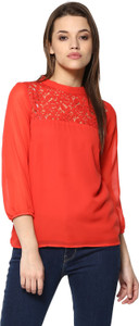 Mayra Casual 3/4th Sleeve Lace, Solid Women's Red Top