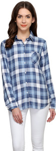 One Femme Women's Checkered Formal Blue Shirt