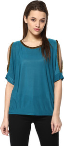 Mayra Party Short Sleeve Solid Women's Dark Blue Top
