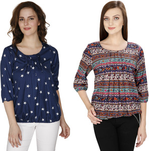 Rashi Creation Party 3/4th Sleeve Printed Women's Dark Blue, Brown Top
