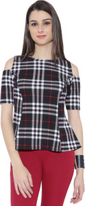 Chimpaaanzee Casual Short Sleeve Checkered Women's Black Top