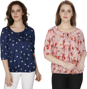 Rashi Creation Party 3/4th Sleeve Printed, Floral Print Women's Dark Blue, Pink Top