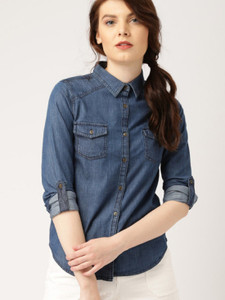 Trendyfrog Girls Solid Casual Denim Blue Shirt