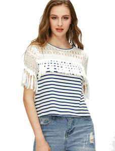 Vitan's Collection Casual Short Sleeve Striped Women's White Top