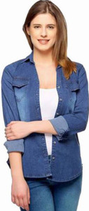 Cozami Women's Solid Casual Denim Dark Blue Shirt
