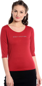 Cult Fiction Solid Women's Scoop Neck Maroon T-Shirt