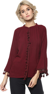 Moda Elementi Party Bell Sleeve Solid Women's Maroon Top