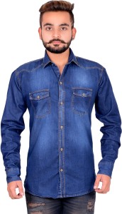 Mangal Men Solid Casual Denim Blue Shirt