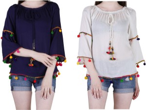 LEO Casual 3/4th Sleeve Embroidered Women Blue, White Top