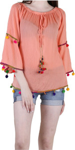 LEO Casual 3/4th Sleeve Embroidered Women Orange Top