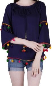 LEO Casual 3/4th Sleeve Embroidered Women Blue Top