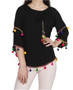 LEO Casual 3/4th Sleeve Embroidered Women Black Top