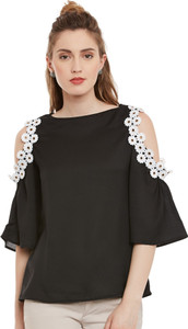 I Know Casual Bishop Sleeve Solid Women's Black Top