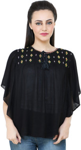 BuyNewTrend Casual Short Sleeve Embroidered Women's Black Top