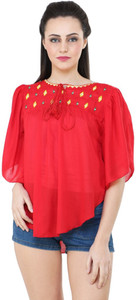 BuyNewTrend Casual Short Sleeve Embroidered Women's Red Top