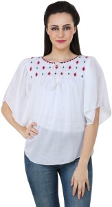 BuyNewTrend Casual Short Sleeve Embroidered Women's White Top