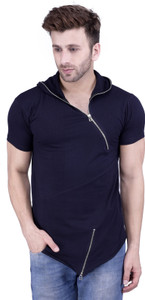 Acomharc Solid Men's Hooded Dark Blue T-Shirt