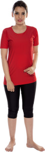 Carrel Round Neck T shirt & Capri Swimwear Set Solid Women's Swimsuit