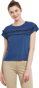 Miss Chase Casual Cap Sleeve Solid Women's Dark Blue Top