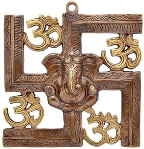 decorate india wall hanging of lord ganesha on swastik with om decorative showpiece  -  22.5 cm(aluminium, brown)