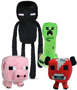 Finejo Plush Figure Set Of 4 Includes: Creeper,Enderman,Baby Mooshroom Cow,Baby Pig - 7 inch