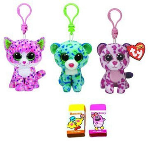 Ty Glamour, Sophie And Leona The Beanie Boos Cats Set Of 3 Plush Clip Toys With One Bonus Animal Eraser - 2.3 inch
