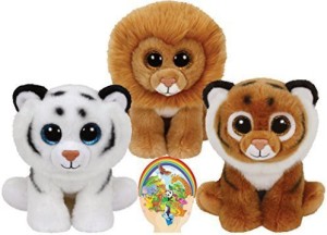 Ty Beanie Babies Tigers Tiggs And Tundra And Louie The Lion Gift Set Of 3 Plush Toys 6-8 Inches Tall With Bonus Animals Sticker  - 6 inch