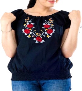 Amadore Casual Short Sleeve Embroidered Women's Black Top