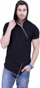 Acomharc Solid Men's Hooded Black T-Shirt
