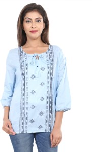 VS Fashion Casual 3/4th Sleeve Embroidered Women's Blue Top