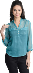 @499 Casual 3/4th Sleeve Self Design Women's Green Top