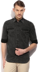 PepeJeans Men's Self Design Casual Black Shirt