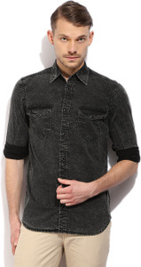 PepeJeans Men's Self Design Casual Black Shirt