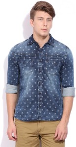 PepeJeans Men's Self Design Casual Blue Shirt