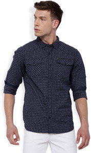 Locomotive Men's Checkered Casual Dark Blue, Grey Shirt