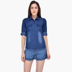Mayra Women's Solid Casual Denim Blue Shirt