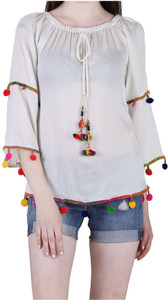 LEO Casual 3/4th Sleeve Embroidered Women White Top