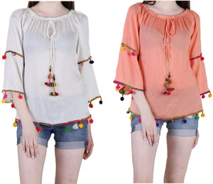 LEO Casual 3/4th Sleeve Embroidered Women Orange, White Top