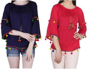 LEO Casual 3/4th Sleeve Embroidered Women Blue, Red Top