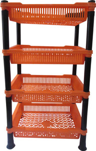DCS Multipurpose Square Design 4 Layer Fruits Vegetable Kitchen Rack Storage Stand(Orange) Plastic Kitchen Rack
