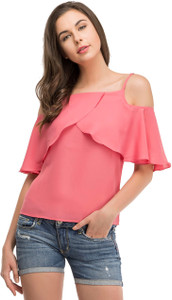LA ATTIRE Casual Shoulder Strap Solid Women's Pink Top
