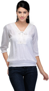 Crease & Clips Casual 3/4th Sleeve Solid Women's White Top