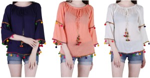 LEO Casual 3/4th Sleeve Embroidered Women Blue, Orange, White Top