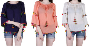 LEO Casual 3/4th Sleeve Embroidered Women Blue, Orange, White Top