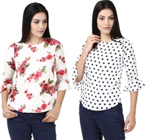Tulip Casual Bell Sleeve Printed Women's White Top