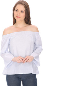 Peppy Hues Casual Bell Sleeve Striped Women's Light Blue Top